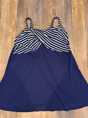 Lands' End Navy Stripe Swim Dress